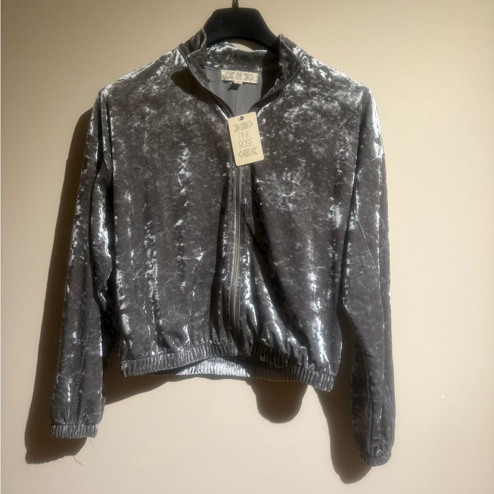 Pink Rose Crushed Velvet Velor Track Jacket in Silver